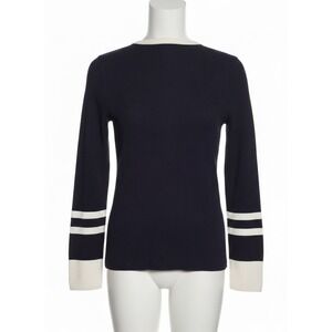 FAHERTY Navy Blue Organic Cotton Cashmere Henley Sweater Stripe Cuffs XL